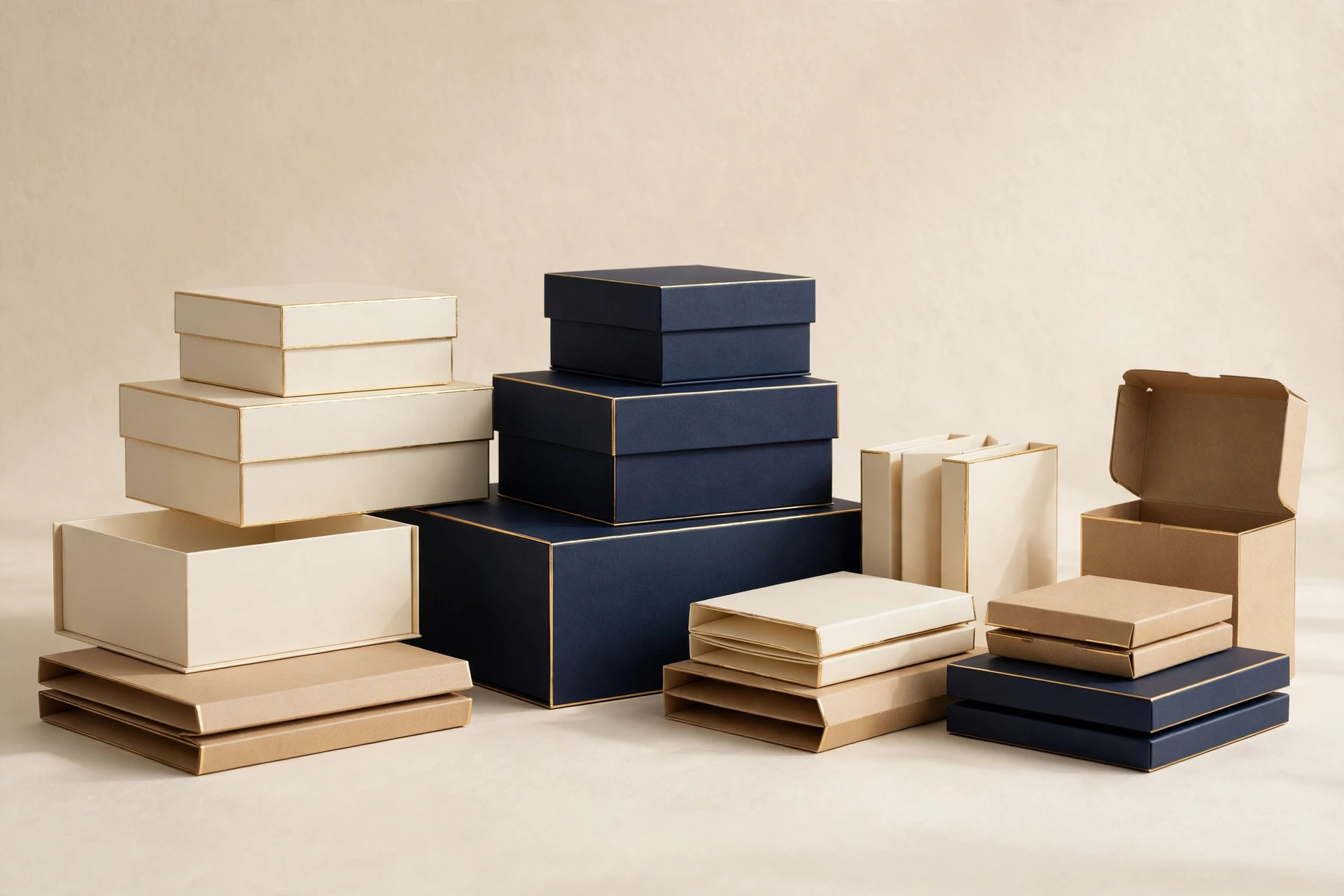 Premium blank gift boxes and cartons in cream, navy and kraft